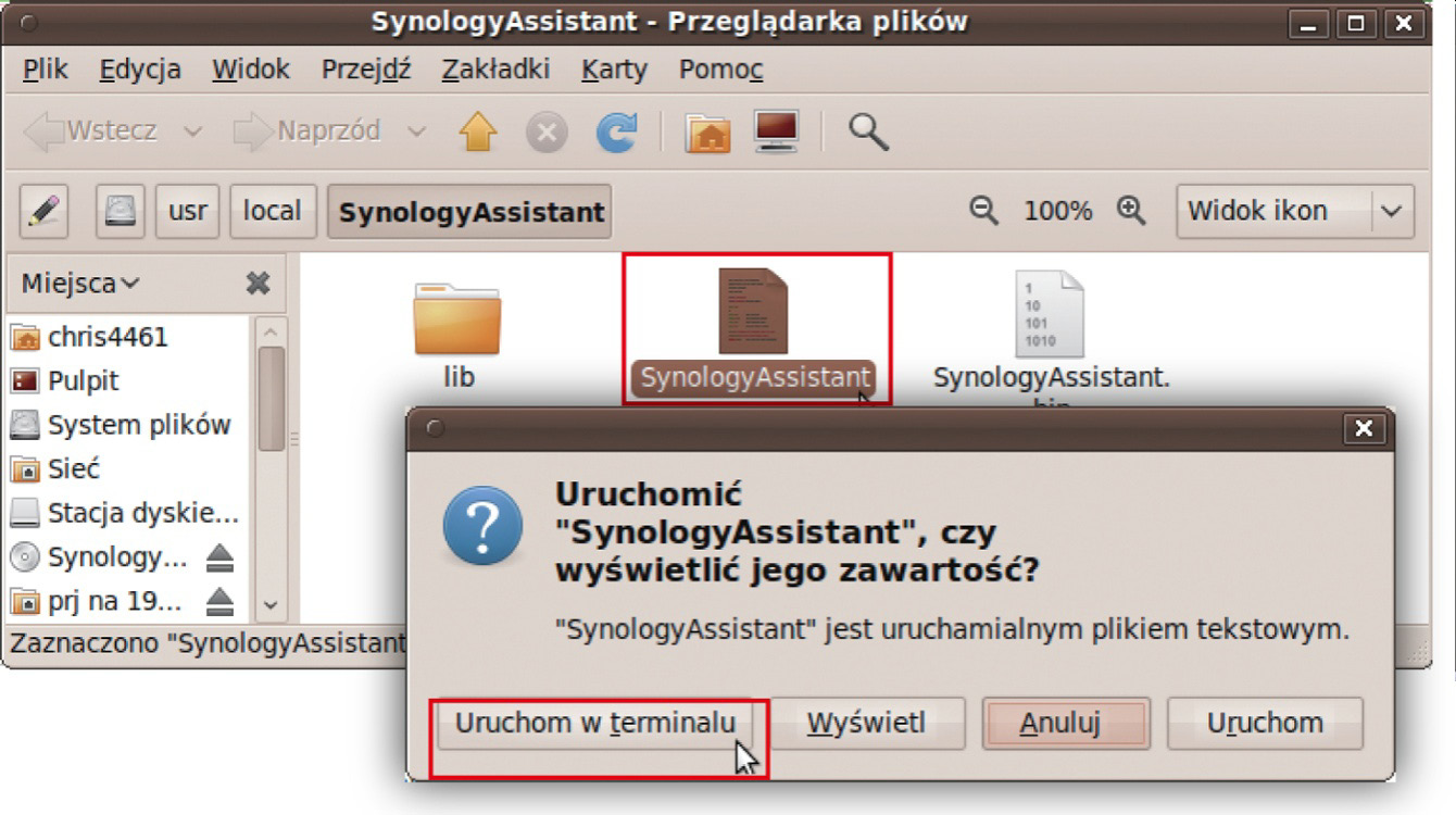 Aby je zainstalować, wpisz następujące polecenie w terminalu: sudo apt-get install ia32-libs 5 Przejdź do ścieżki /usr/local/synologyassistant (lub [określona ścieżka]/synologyassistant), kliknij