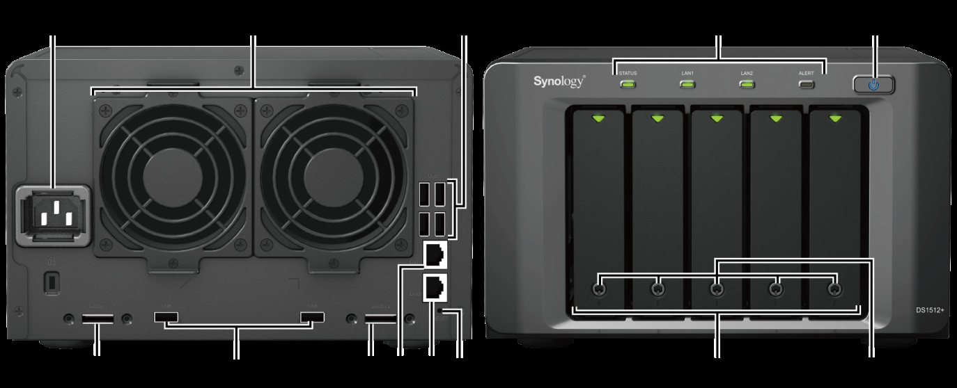 Elementy serwera Synology DiskStation Lp. Element Lokalizacja Opis 1) Przycisk zasilania Panel przedni Przycisk zasilania służy do włączania i wyłączania serwera Synology DiskStation.