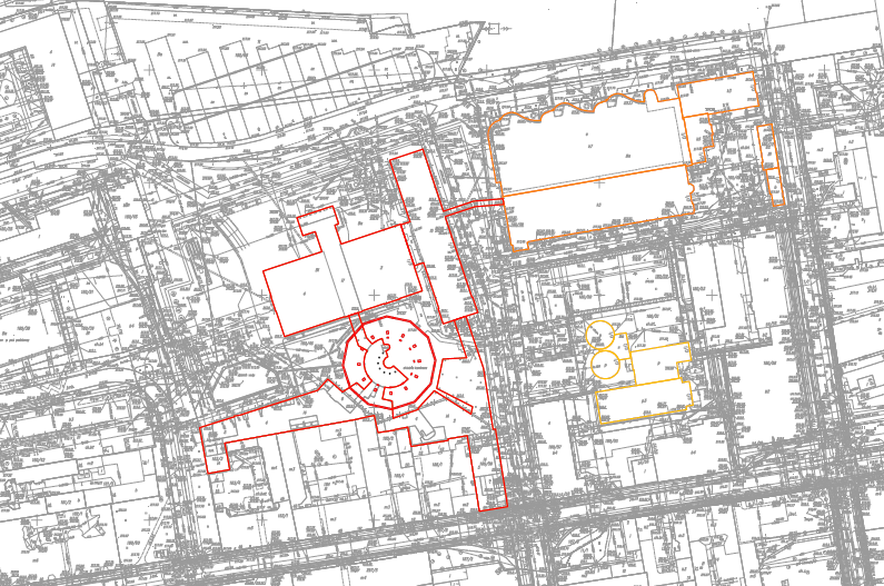 Rysunek 2 Plan sytuacyjny obiektów EC1 Łódź - Miasto Kultury w Łodzi Kompleks obejmuje więc: Budynek EC-1 Wschód (oznaczony na Planie sytuacyjnym kolorem pomarańczowym) o powierzchni ponad 19.