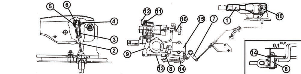REGULACJA Regulacja sterowania pneumatycznego sprzęgła wom C771 1. dźwignia 2. linka 3. nakrętki nastawiające 4. śruba nastawiająca 5. sworzeń 6. śruba dwustronna linki 7. dźwignia dwuramienna 8.