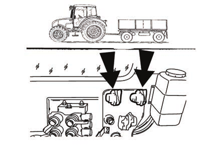 JAZDA CIĄGNIKIEM Hamulce dwuwężowe Ciśnienie robocze jest ustawione przy pomocy zaworu sterującego na 740 ± 20 kpa. Pojemność zbiornika sprężonego powietrza wynosi 20 l.