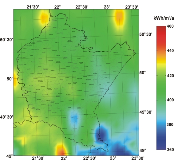 Rozkład nasłonecznienia bezpośredniego i rozproszonego na terenie Podkarpacia H b,max 425 kwh/m 2 /a H b,min 370 kw/hm 2 /a ΔH b 14 % H