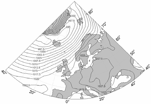 Ryc. 3. Pole ciśnienia atmosferycznego na poziomie morza w styczniu 2006 r.