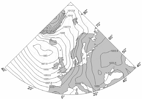 Anomalia temperatury miesięcznej stycznia w 2006 roku na stacji Svalbard-Lufthavn wynosiła + 11,2 C Fig. 3. The atmospheric pressure field at the sea level in January 2006.