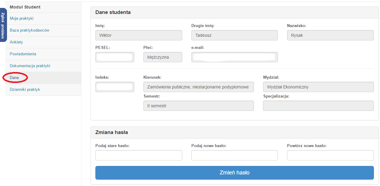 4.5 Zmiana hasła Użytkownika Użytkownik po pierwszym zalogowaniu się do systemu powinien zmienić hasło, dla bezpieczeństwa powinno ono składać się z małych i wielkich