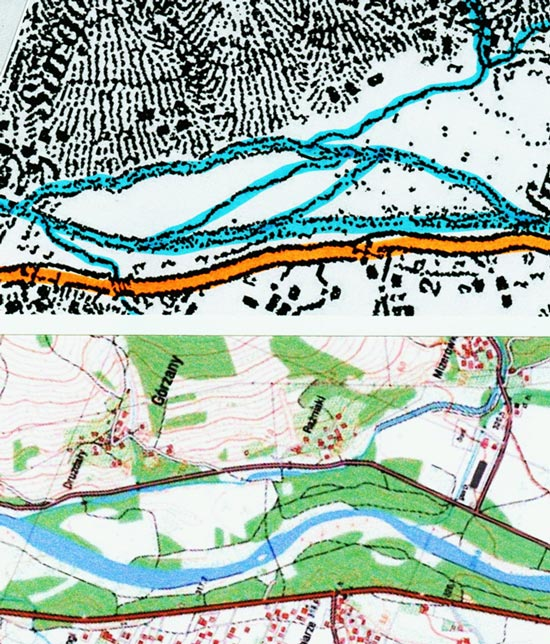 Na rozpatrywanym odcinku obecny przebieg potoku idzie śladem odciętego koryta rzeki Raby wzdłuż powiatowej drogi wybudowanej na skraju doliny (zobacz porównanie map historycznych z początku i końca