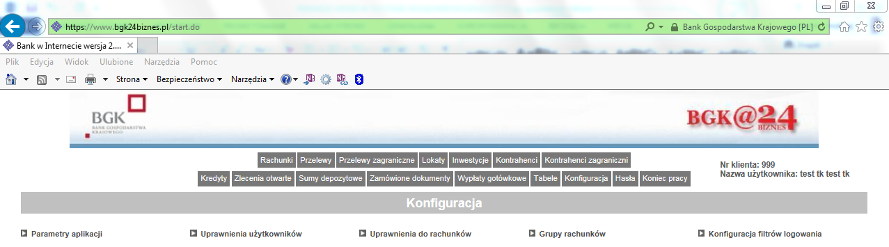 W tym celu pierwszym logującym się do systemu BGK@24Biznes powinien być użytkownik o uprawnieniach Administratora, a pierwszym jego krokiem wybór menu Konfiguracja.