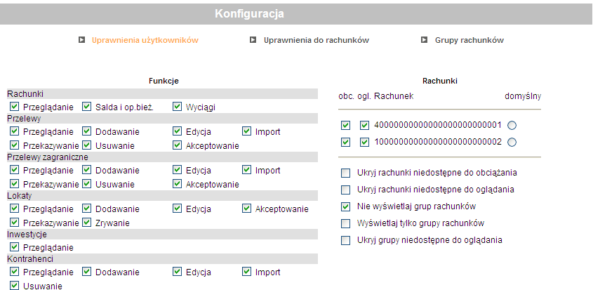 Po przejściu do menu Konfiguracja> Uprawnienia Użytkowników Administrator może nadać poszczególnym osobom z Państwa organizacji spersonalizowane uprawnienia związane z dostępami do