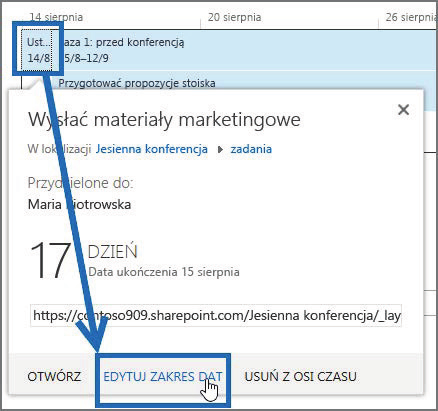 Wybierz odpowiednie zadanie, a następnie wybierz pozycję Oś czasu > Wyświetl jako objaśnienie.