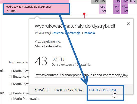 Usuwanie zadania z osi czasu Wybierz pasek lub romb, który chcesz usunąć z osi czasu, a następnie wybierz pozycję Usuń z osi czasu.