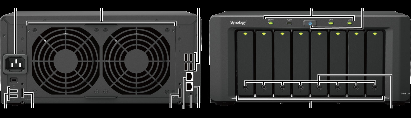 Elementy serwera Synology DiskStation Lp. Element Lokalizacja Opis 1) Przycisk zasilania Panel przedni Przycisk zasilania służy do włączania i wyłączania serwera Synology DiskStation.