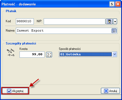 Zostanie wyświetlone okno dodawania płatności (Ekran 27). Ekran 27. - Okno dodawania płatności Domyślnie podpowie się kwota na całą wartość dokumentu. Płatność akceptujemy klikając.