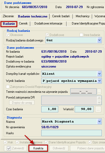 4. Korekta pozycji badania W przypadku błędnego opisu badania technicznego mamy moŝliwość korekty, a następnie ponownego wydruku zaświadczenia bez potrzeby korygowania dokumentu sprzedaŝy.