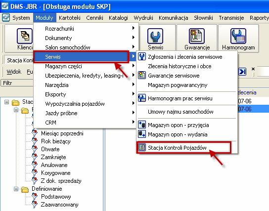 1. Utworzenie nowego zlecenia na badanie techniczne pojazdu W oknie głównym Systemu DMS wybieramy menu