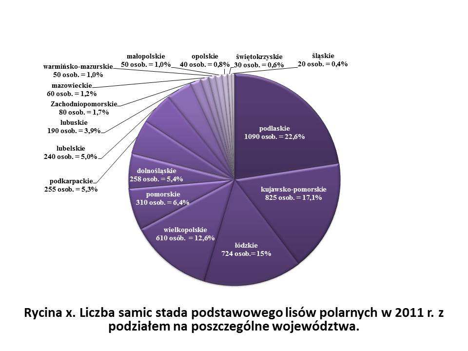 Number of foundation stock female arctic foxes in 2011 by province Kolejnym analizowanym gatunkiem były jenoty, których hodowla jest już marginalna i zazwyczaj prowadzona jednocześnie z