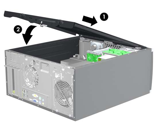 Zakładanie panelu dostępu komputera 1. Wsuń krawędź przedniego zakończenia panelu dostępu pod krawędź przodu obudowy (1) i dociśnij tylną część panelu dostępu do urządzenia (2).