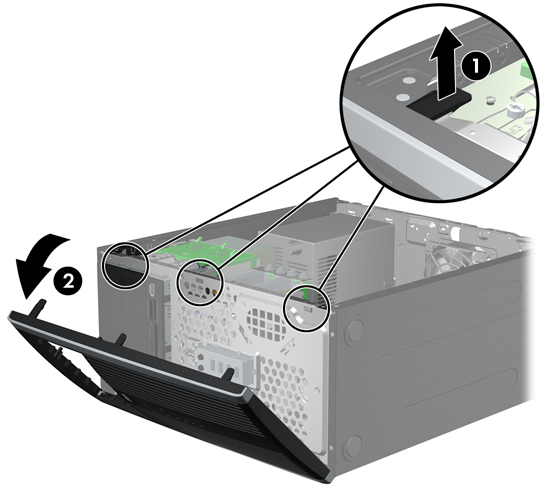 Zdejmowanie pokrywy przedniej 1. Usuń/odłącz urządzenia zabezpieczające, uniemożliwiające otwieranie obudowy komputera. 2.
