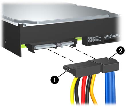 Podłącz kabel zasilający (1) i kabel transferu danych (2) do złączy z tyłu dysku twardego.