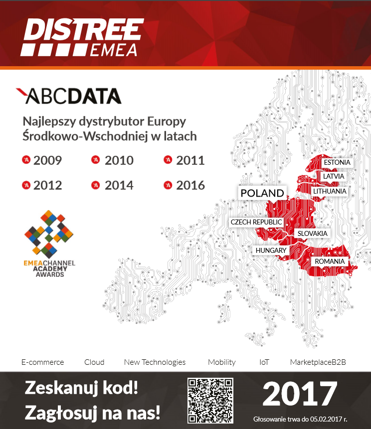 BĘDZIEMY WDZIĘCZNI ZA TWÓJ GŁOS Do 5 lutego 07 r. trwa głosowanie na najlepszych dystrybutorów IT w regionie EMEA. Firma ABC Data została nominowana do nagrody w Europie Centralnej i Wschodniej.