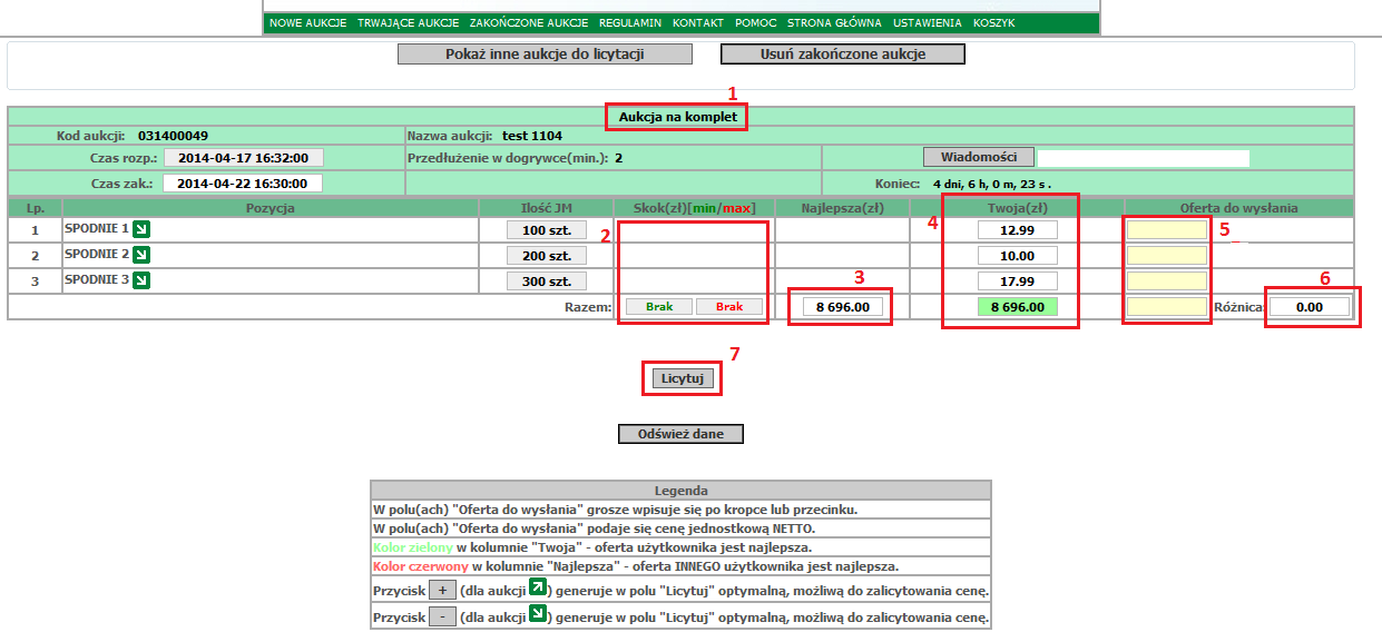 Po wejściu do licytacji, okno licytacji wygląda, tak jak zaprezentowano poniżej: Objaśnienia: 1. Pojawia się informacja o tym, że jest to aukcja spotowa na komplet. 2.
