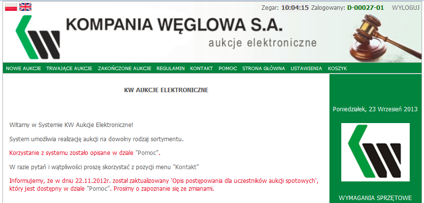 Jeżeli użytkownik załogował się pomyślnie - w prawym górnym rogu pojawia się zegar systemowy według którego rozliczane są czasy trwania poszczególnych aukcji, a także login zalogowanego użytkownika.