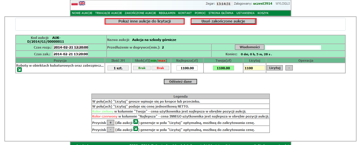Można skorzystać w widocznego u góry strony przycisku Usuń zakończone aukcje (spowoduje to usunięcie z widoku aukcji która jest już zakończona) i można dalej licytować w aukcjach które jeszcze trwają.