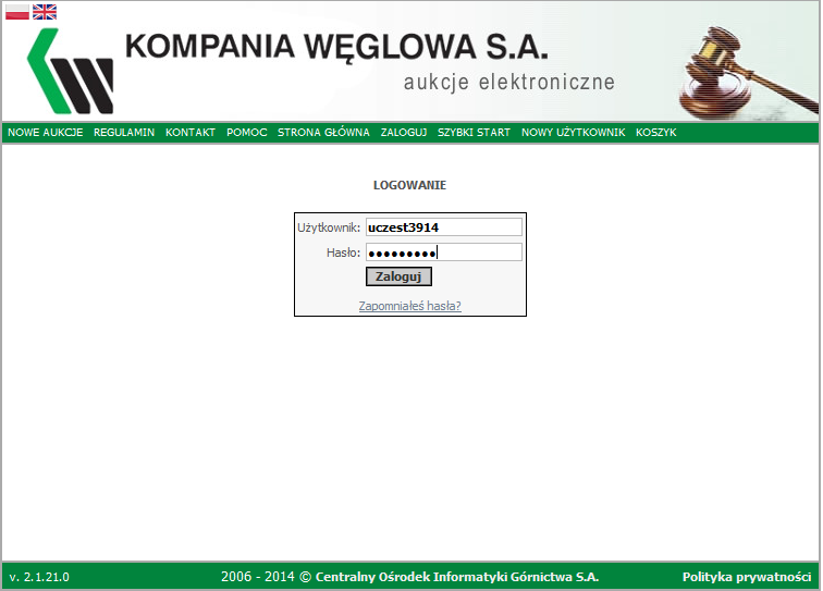 Jeżeli użytkownik zalogował się pomyślnie - to w prawym górnym rogu pojawia się zegar systemowy według którego rozliczane są czasy trwania poszczególnych aukcji, a także login zalogowanego