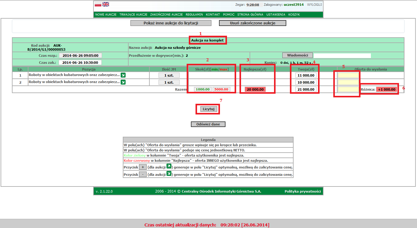 1. Wyświetla się informacja, że jest to aukcja na komplet. 2. Skok min/max, jeśli jest wyświetli się w kolumnie o ile minimalnie i maksymalnie można zrobić postąpienie. 3.