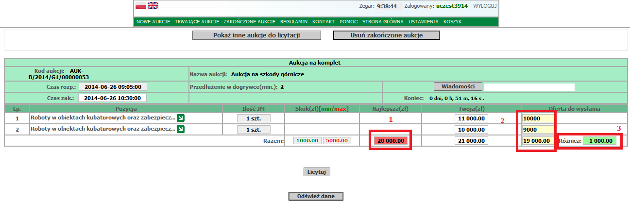 kolumnie TWOJA. 7. Aby zalicytować należy kliknąć przycisk LICYTUJ.