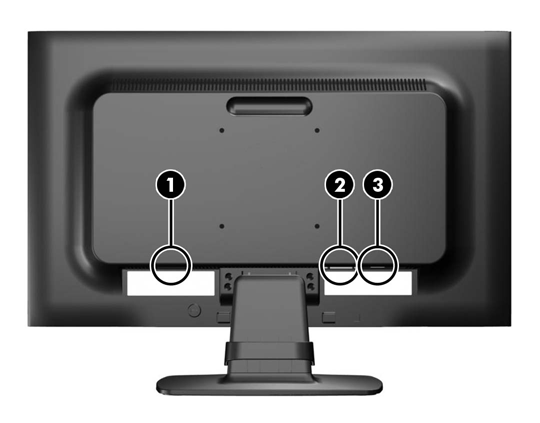 Elementy z tyłu monitora Rysunek 3-2 Elementy z tyłu monitora Element 1 Gniazdo zasilania z sieci elektrycznej 2 Gniazdo DVI-D (wybrane modele) Funkcja Umożliwia podłączenie