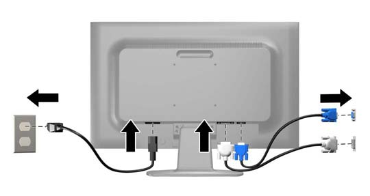 4. Podłącz jeden koniec przewodu zasilającego do gniazda zasilania z sieci elektrycznej (z tyłu monitora), a jego drugi koniec do ściennego gniazda sieci elektrycznej.