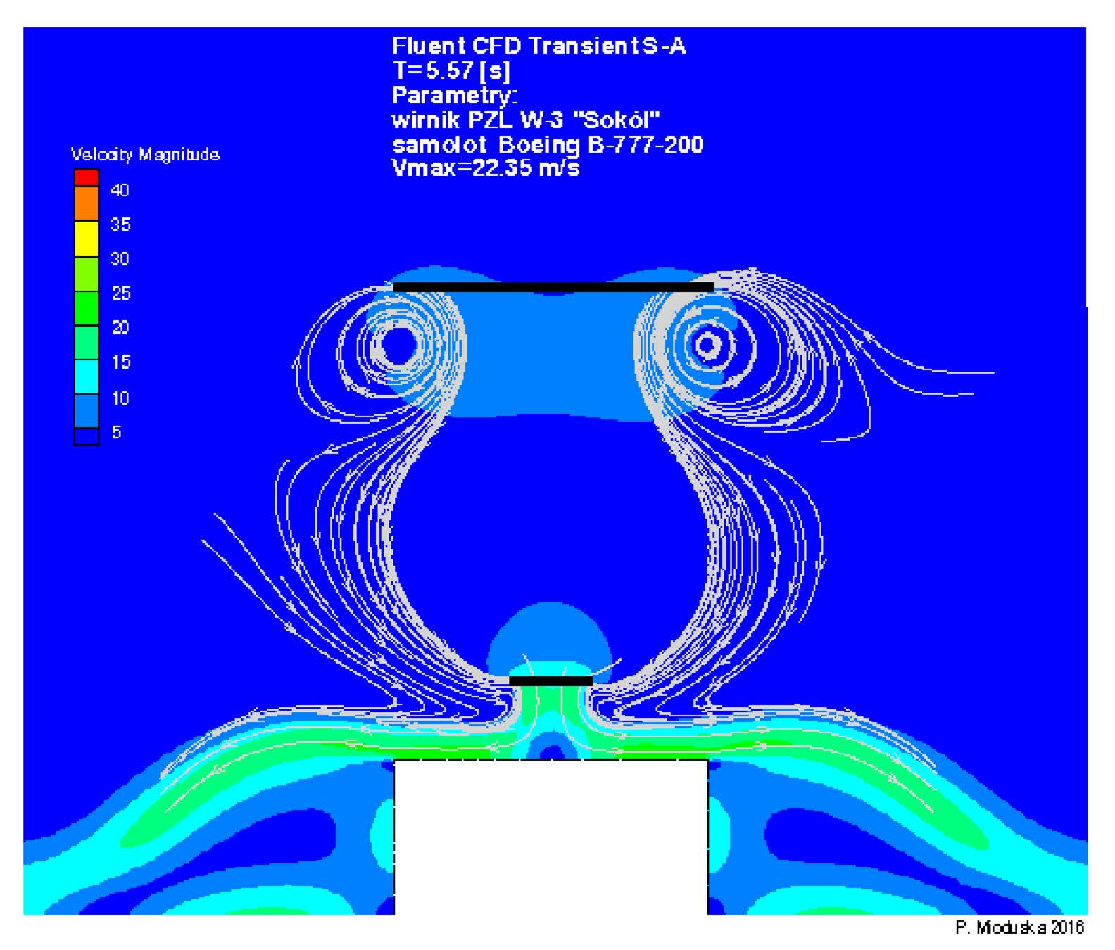 194 Pamela Mioduska Wpływ wirów wytworzonych przez samolot na opływ wirnika przedstawiono na Rys. 7 za pomocą map średnich prędkości oraz linii prądu.