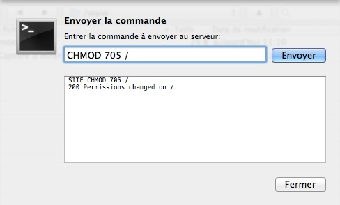 W nowym oknie wpisz polecenie: CHMOD 705 / Kliknij na Wyślij Pojawi się komunikat 200 Permissions changed on /. Sprawdź, czy strona otwiera się w przeglądarce internetowej.