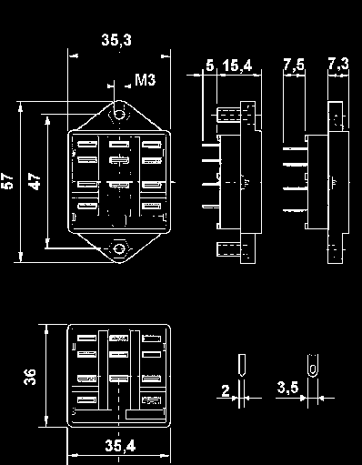 złącz 1,2 Nm - Przewód jednożyłowy 4 mm 2, 2x2,25 mm 2 - Przewód wielożyłowy 22-14 AWG - Materiał Noryl