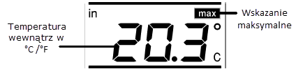 TEMPERATURA WEWNĄTRZ Z WARTOŚCIAMI MIN / MAKS Temperatura wewnątrz jest wyświetlana W trzecim segmencie ekranu LCD. PRZEŁĄCZANIE I RESETOWANIE WARTOŚCI ZAREJESTROWANYCH 1.