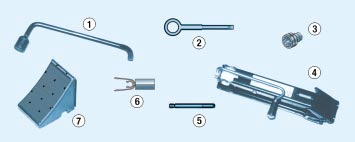 6 - Narzędzie do zdejmowania zaślepek. 7 - Blokada koła. Ustawienie pojazdu W miarę możliwości, unieruchomić pojazd na podłożu poziomym, stabilnym i nie śliskim.