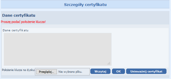 Typowe komunikaty błędów podczas instalacji certyfikatu Jeżeli użytkownik wskaże inny niż poprzednio wygenerowany (w punkcie Generowanie certyfikatu PFRON) plik keystore_<numer