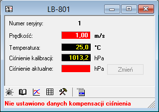 Instrukcja obsługi czujnika prędkości przepływu powietrza LB-801 14 Rysunek 9 Przykładowe okno programu LBX po podłączeniu czujnika LB-801 (z włączoną kompensacją ciśnienia atmosferycznego)