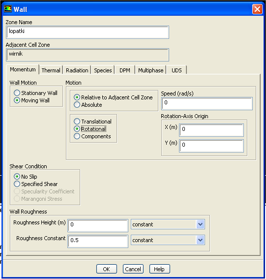 Rotational, Speed = 0, Rotation- Axis Origin X=0, Y=0. 5 (Pressure Based, Absolute, Steady, Planar) Ustawić model lepkości płynu Przepływ lepki, model turbulencji Spalart-Allmaras.