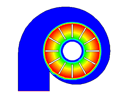 Pressure) > Display 6 i Contours of Velocity (rozkład prędkości wewnątrz wirnika wynika z prędkości obrotowej).