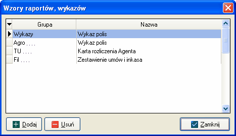 Opcja edytuj umożliwia wypełnienie na wybranym wzorze tych pól których zawartość jest stała dla każdej polisy bądź zmienia się sporadycznie.