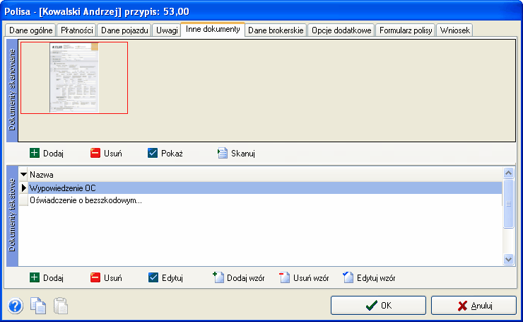 33 AGENT.m6 plik pomocy Rys.1 Zakładka "Inne dokumenty" w trybie edycji polisy Rys.