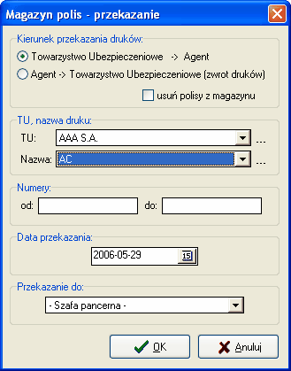 67 AGENT.m6 plik pomocy Rys. 1 Okno wyboru druków do przekazania Przykład praktyczny: Dodaj druki typu AC od numeru 1 do 10 z towarzystwa "AAA PRZYKŁAD S.A" Rozwiązanie: Kliknij na ikonę w lewym menu.