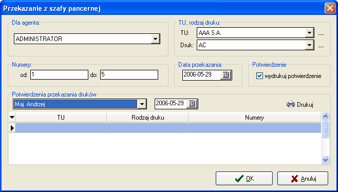 Korzystanie z funkcji programu AGENT.m6 68 5.10.3 Przekazywanie druków dla agentów Operacje przekazywanie druków odbywają się za pośrednictwem tzw. "szafy pancernej".