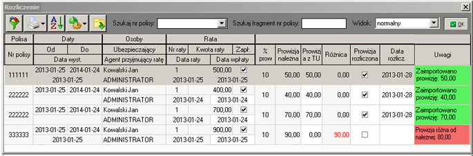 Korzystanie z funkcji programu AGENT.m6 80 Rys. 7 Okno z zaimportowaną prowizją Na rysunku widać trzy zielone opisy dla rat polis 111111 i 222222 gdzie import zakończył się sukcesem.