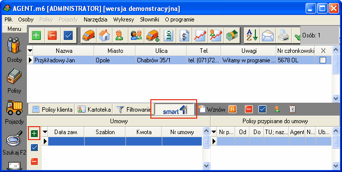 W widoku osób podświetl klienta następnie na dolnej listwie narzędziowej kliknij przycisk smart11 (rys. 2). Aby dodać nową umowę kliknij ikonę Rys. 2 Widok umów produktu smart11 W otwartym oknie (rys.