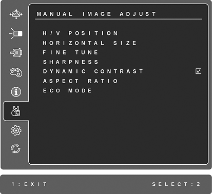 Element Obja nienie Manual Image Adjust (r czna regulacja obrazu) wy wietla menu r cznej regulacji obrazu. H./V.