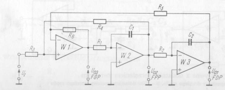 Filtr uniwersalny Dla pasmowoprzepustowego: H FPp s = U s O3 = U I 1 R 1 C 1 1 R 6 / R 5 1 R 3 / R 4 M Strojenie - poprzez jednoczesną zmianę R 1 i R 2 lub C 1 i C 2.