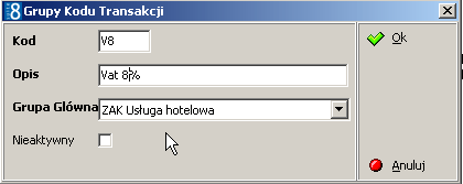 poradnik dla administratorów systemu Fidelio Suite8 Tam gdzie jest grupa kodu transakcji o opisie VAT 22%, 7%, 3% np.