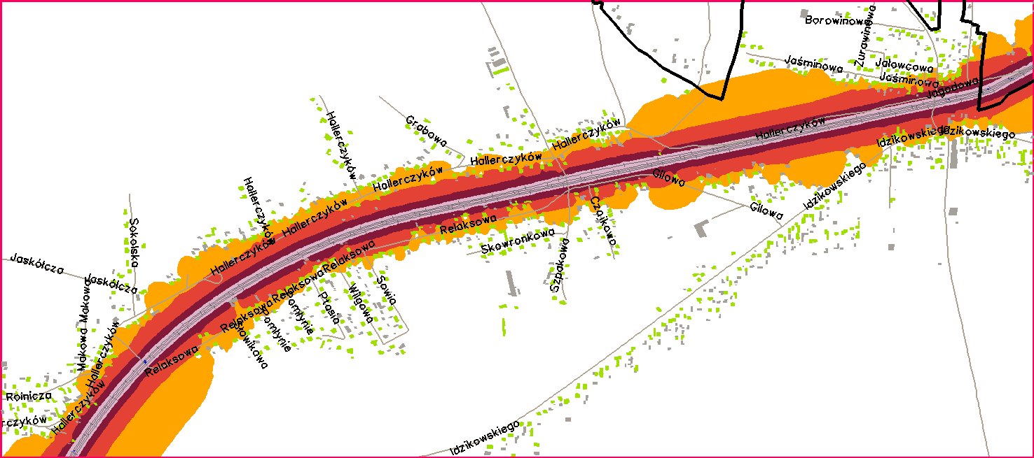 78 Mapa rozkładu hałasu kolejowego dla wskaźnika L DWN a) Polepszenie jakości usług przewozowych poprzez poprawę stanu